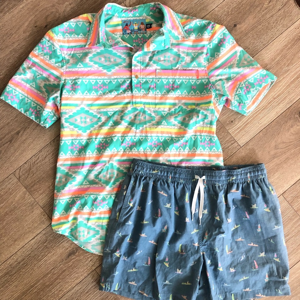 NEW Lot Chubbies Mens 5.5” Swim Trunks and Aztec Shirt size XL Surf Board Dogs